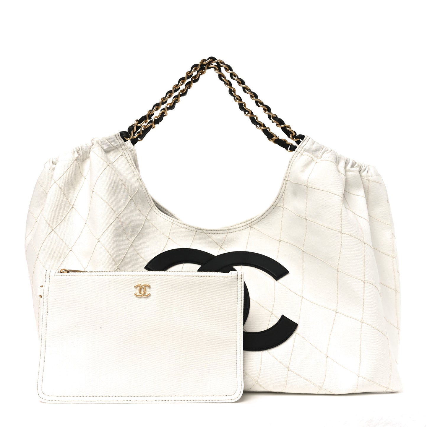 Denim Calfskin Quilted Coco Beach Small Shopping Tote White Black
