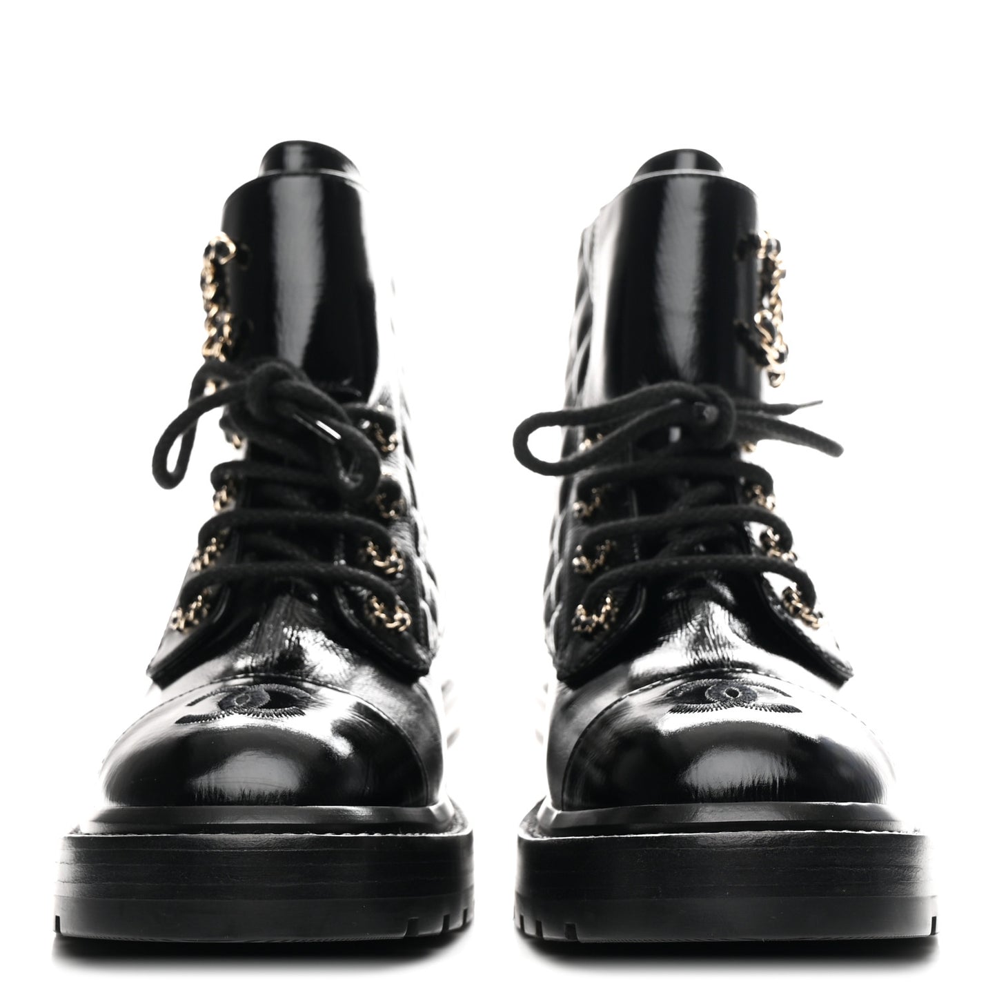 Shiny Calfskin Quilted Lace Up Combat Boots 36.5 Black