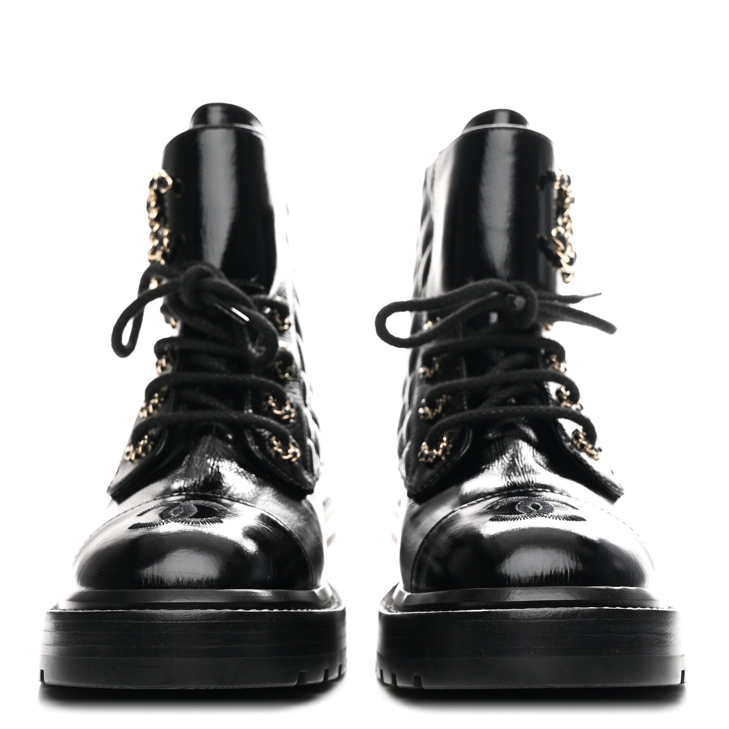 Chanel Shiny Calfskin Quilted Lace Up Combat Boots 36.5 Black 3 of 11