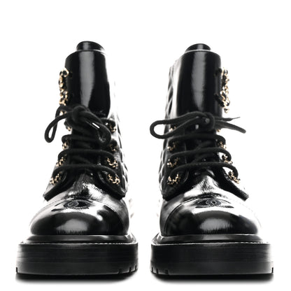 Chanel Shiny Calfskin Quilted Lace Up Combat Boots 36.5 Black 3 of 11