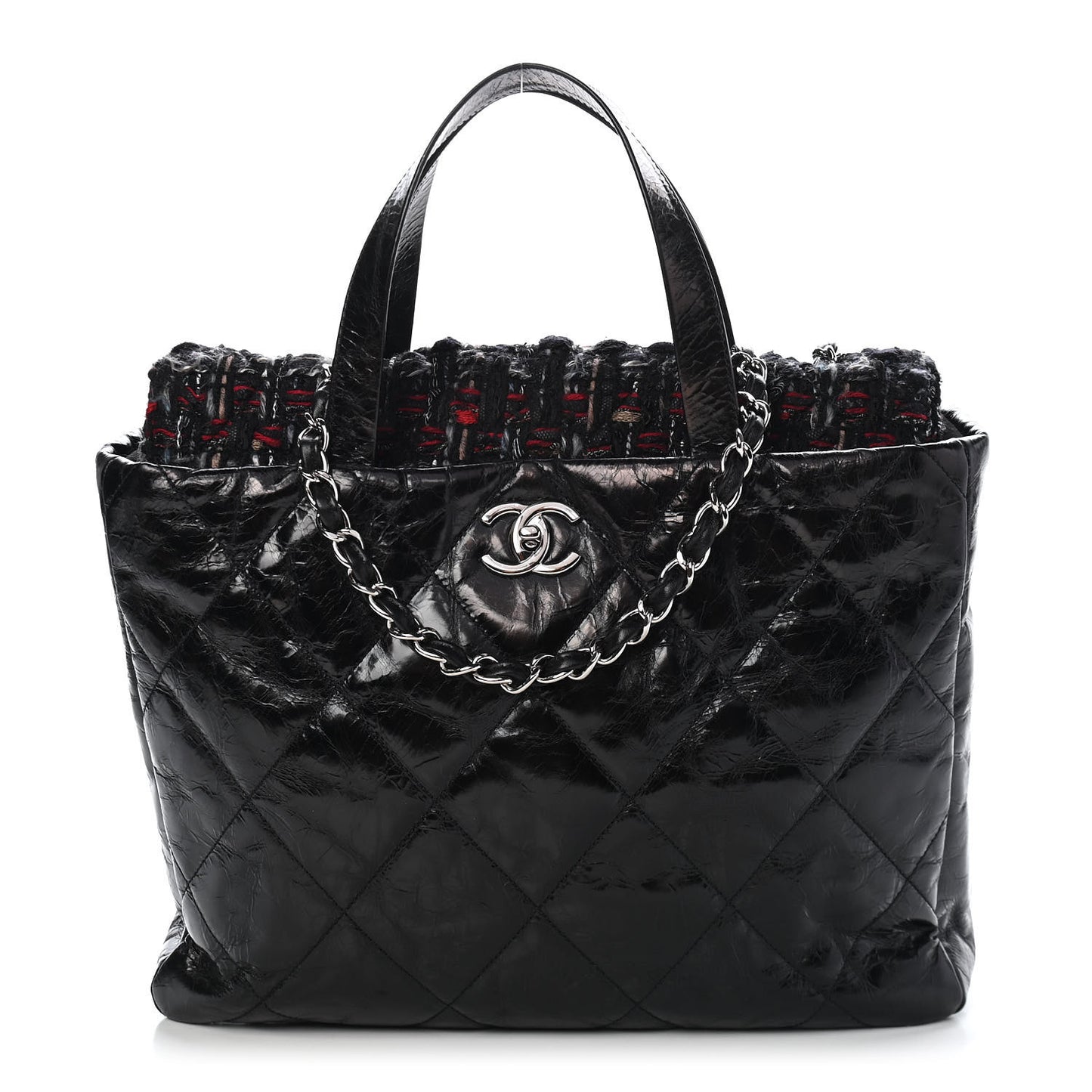 Glazed Calfskin Quilted Tweed Portobello Tote Black Red