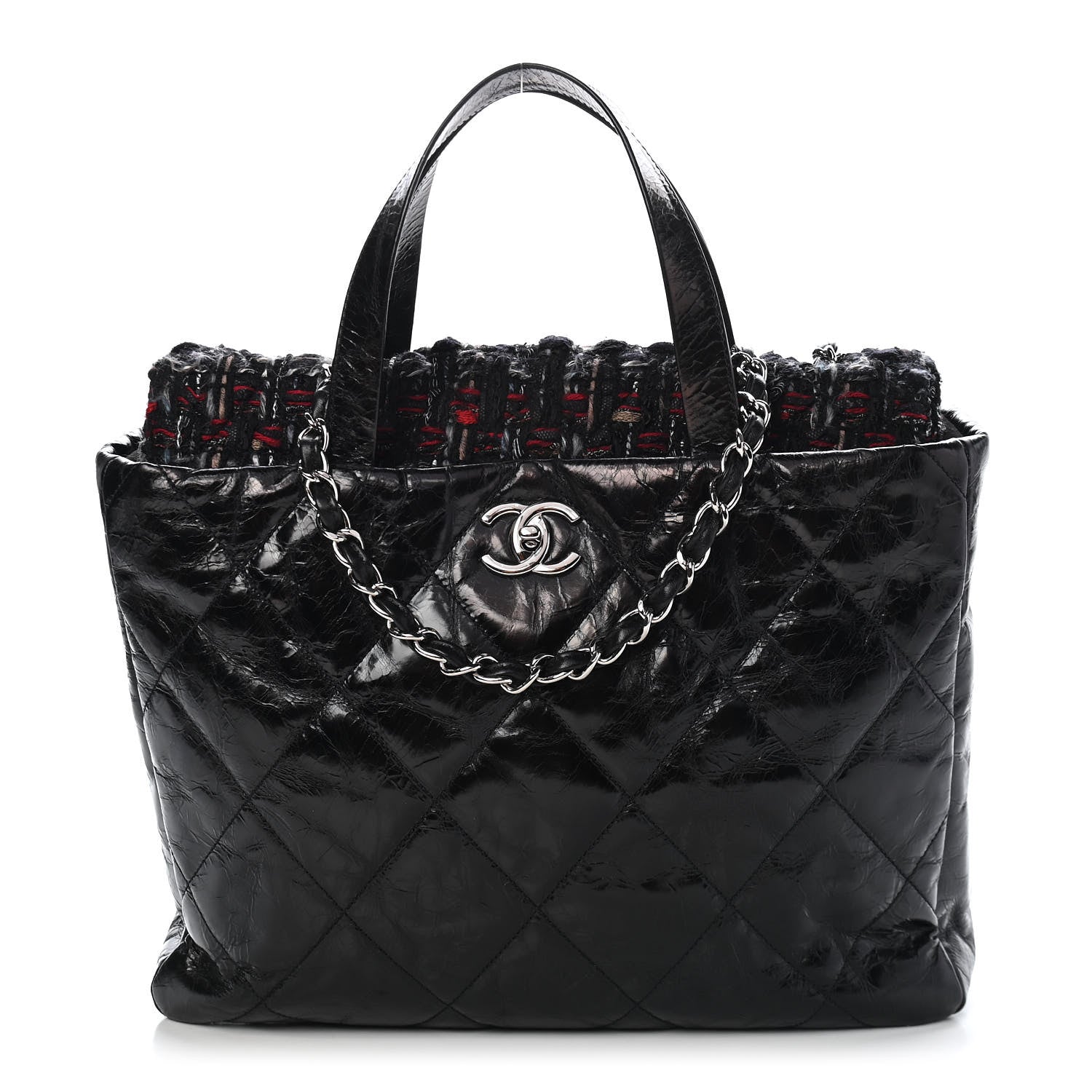 Chanel Glazed Calfskin Quilted Tweed Portobello Tote Black Red 1 of 12
