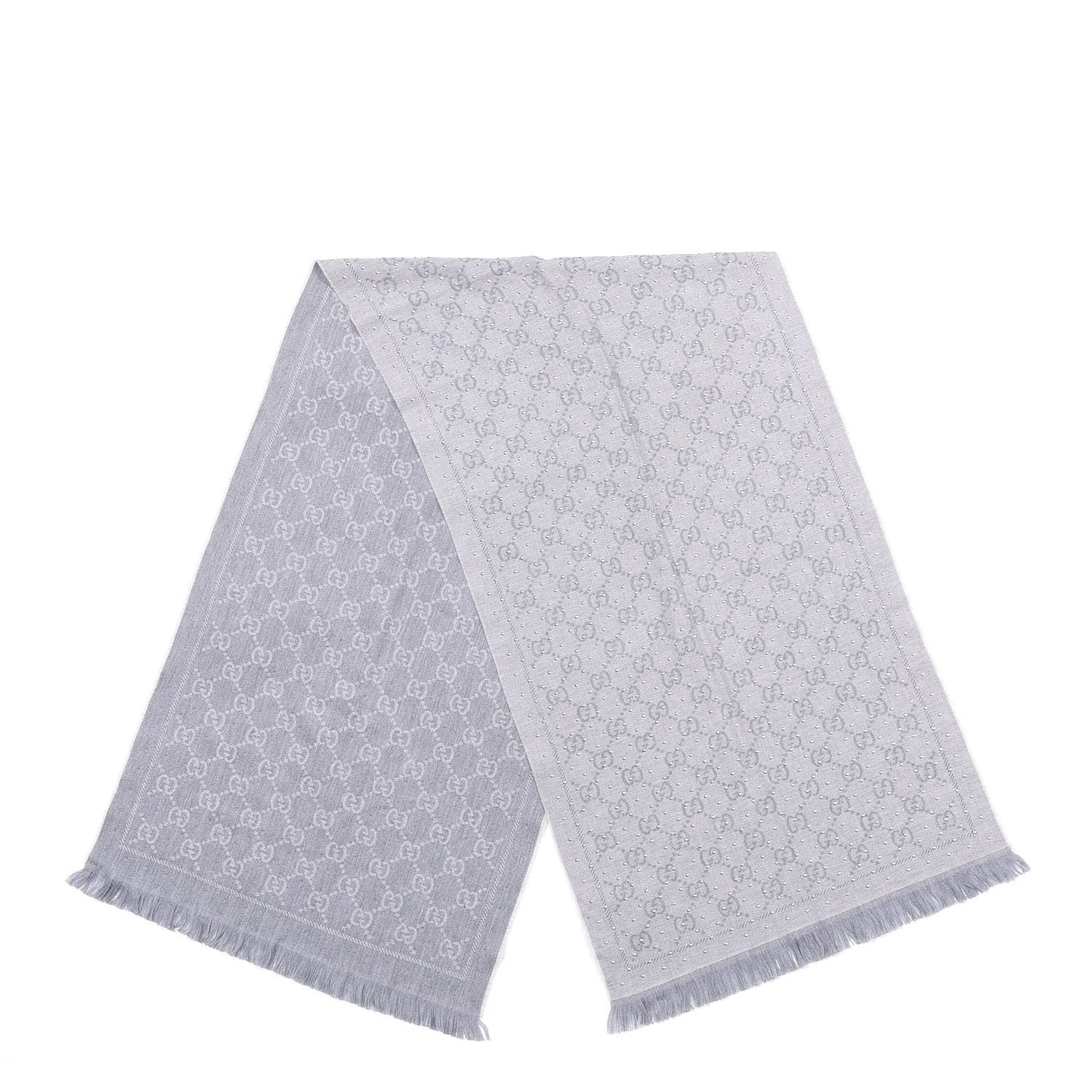 Wool Silk GG Monogram Studded Fringe Scarf Grey