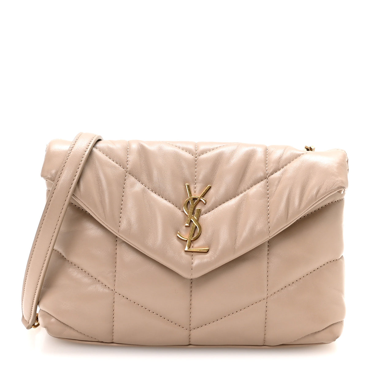 Saint Laurent Lambskin Quilted Toy Loulou Puffer Monogram Chain Satchel Dark Beige 1 of 11