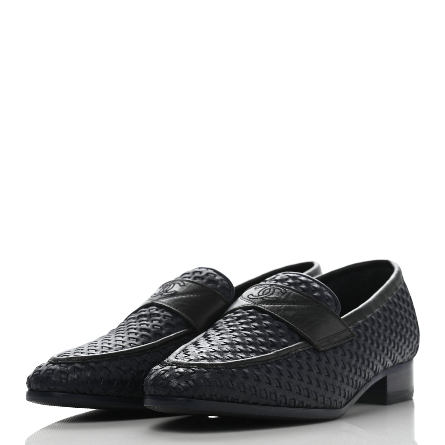 Lambskin Calfskin Braided Mocassin Loafers 38.5 Navy Black