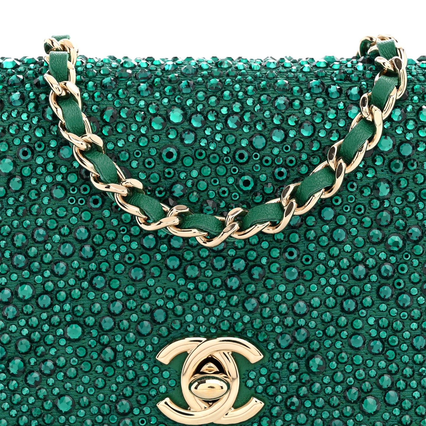 Lambskin Crystal Diamante Clutch With Chain Green