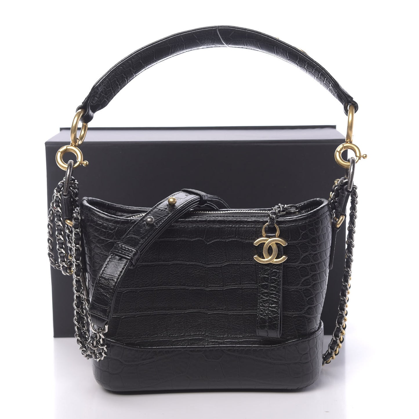 Calfskin Crocodile Embossed Small Gabrielle Cocodile Hobo Black