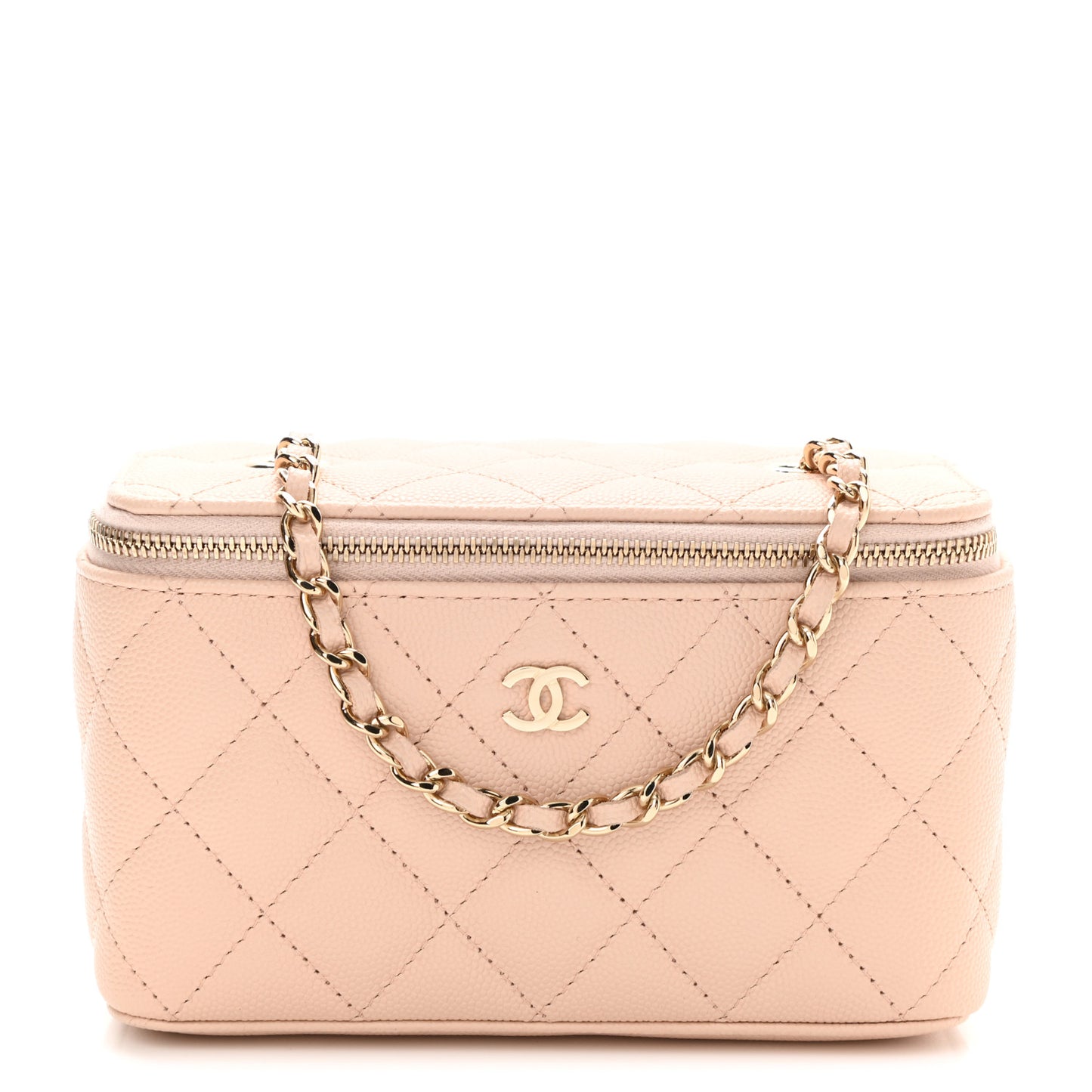 Caviar Quilted Small Vanity Case With Chain Light Beige