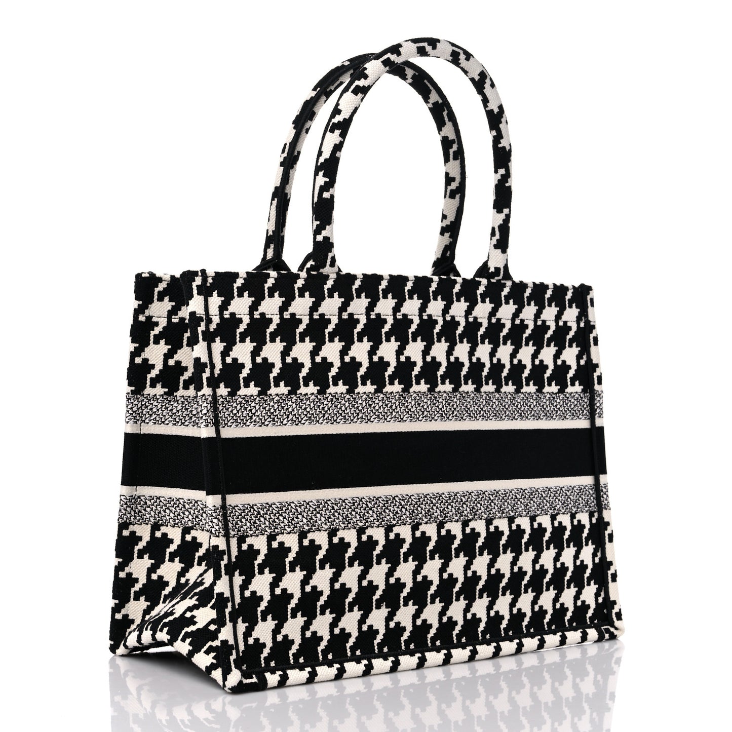 Canvas Macro Houndstooth Embroidered Medium Book Tote Black White