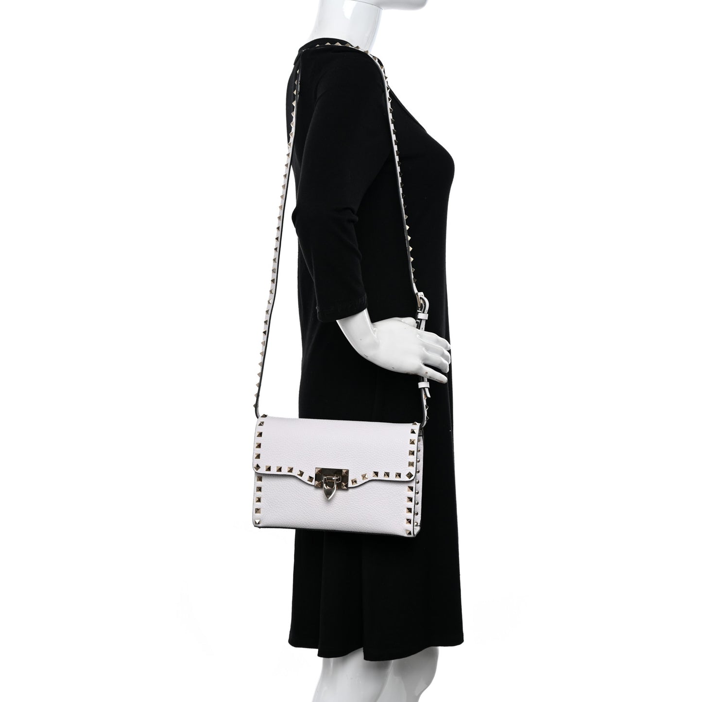 Pebbled Calfskin Medium Rockstud Flip Lock Crossbody Bag White
