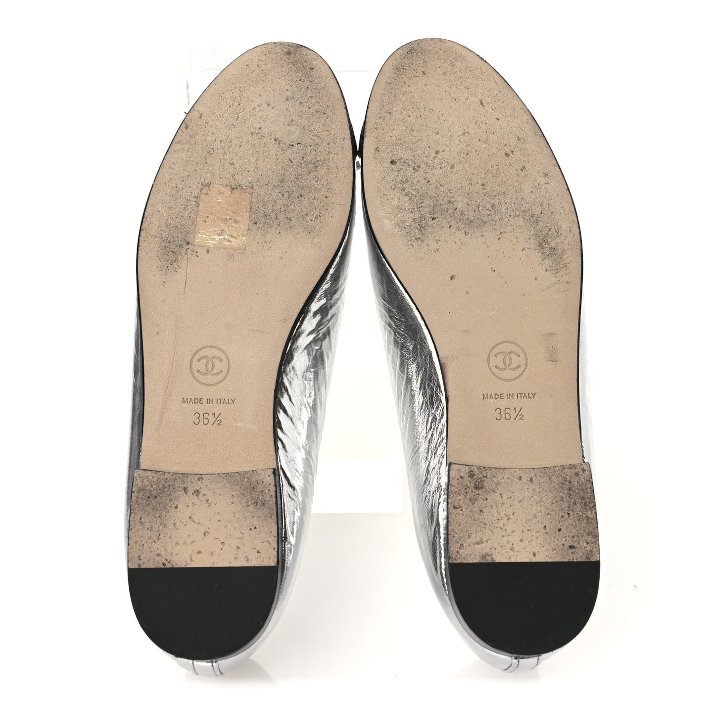 Laminated Crumpled Lambskin Grosgrain Cap Toe CC Ballerina Flats 36.5 Silver Black