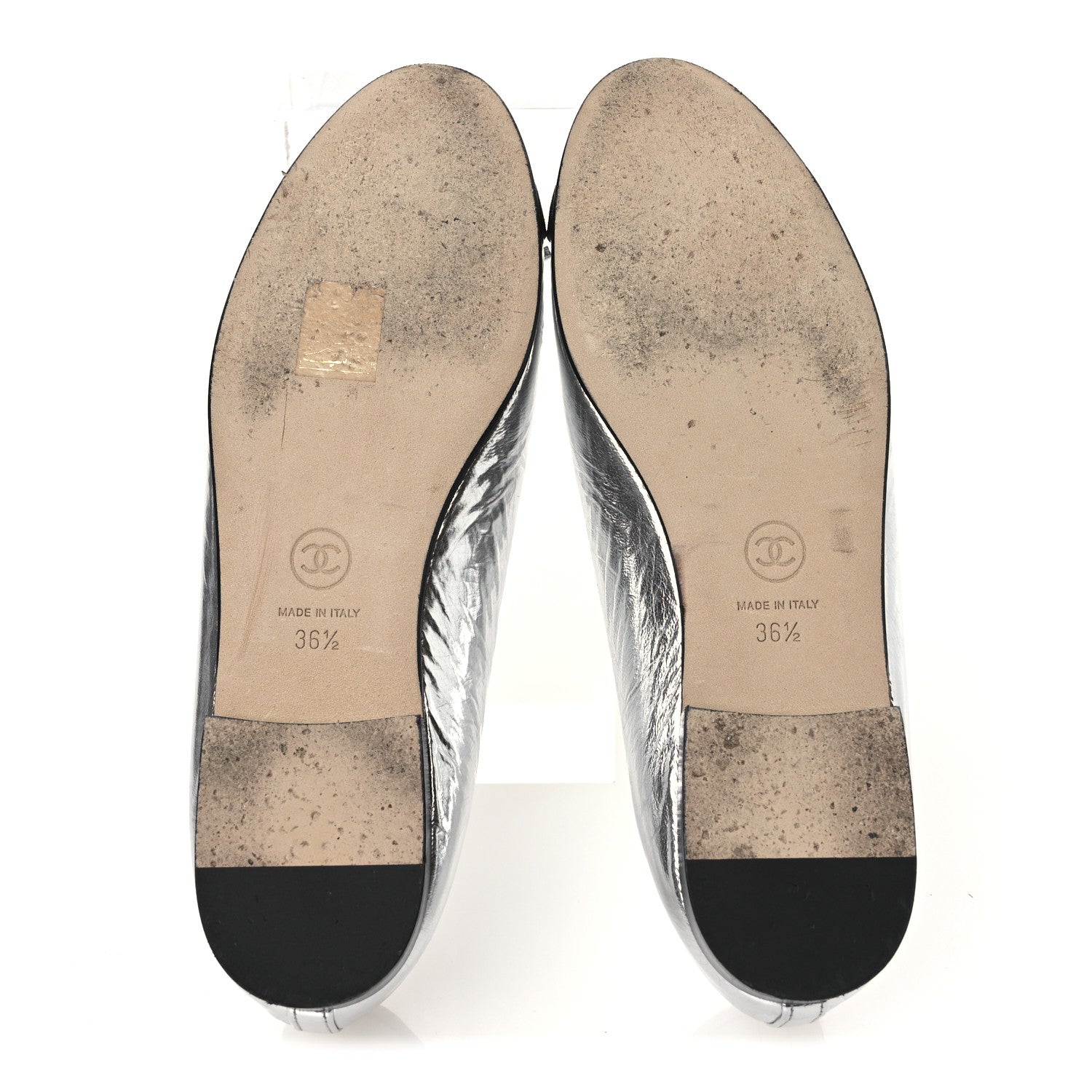Chanel Laminated Crumpled Lambskin Grosgrain Cap Toe CC Ballerina Flats 36.5 Silver Black 7 of 12