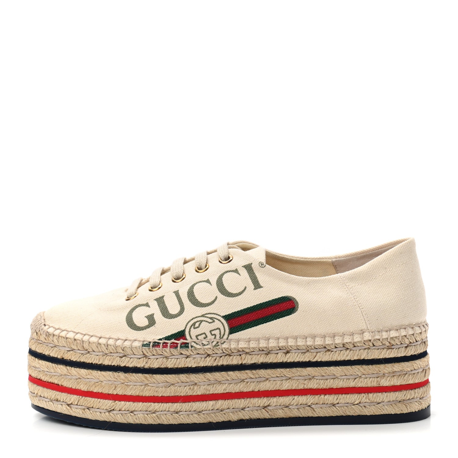 Gucci Canvas Logo Lace-Up Platform Espadrilles 37 Greggio Grege 1 of 8