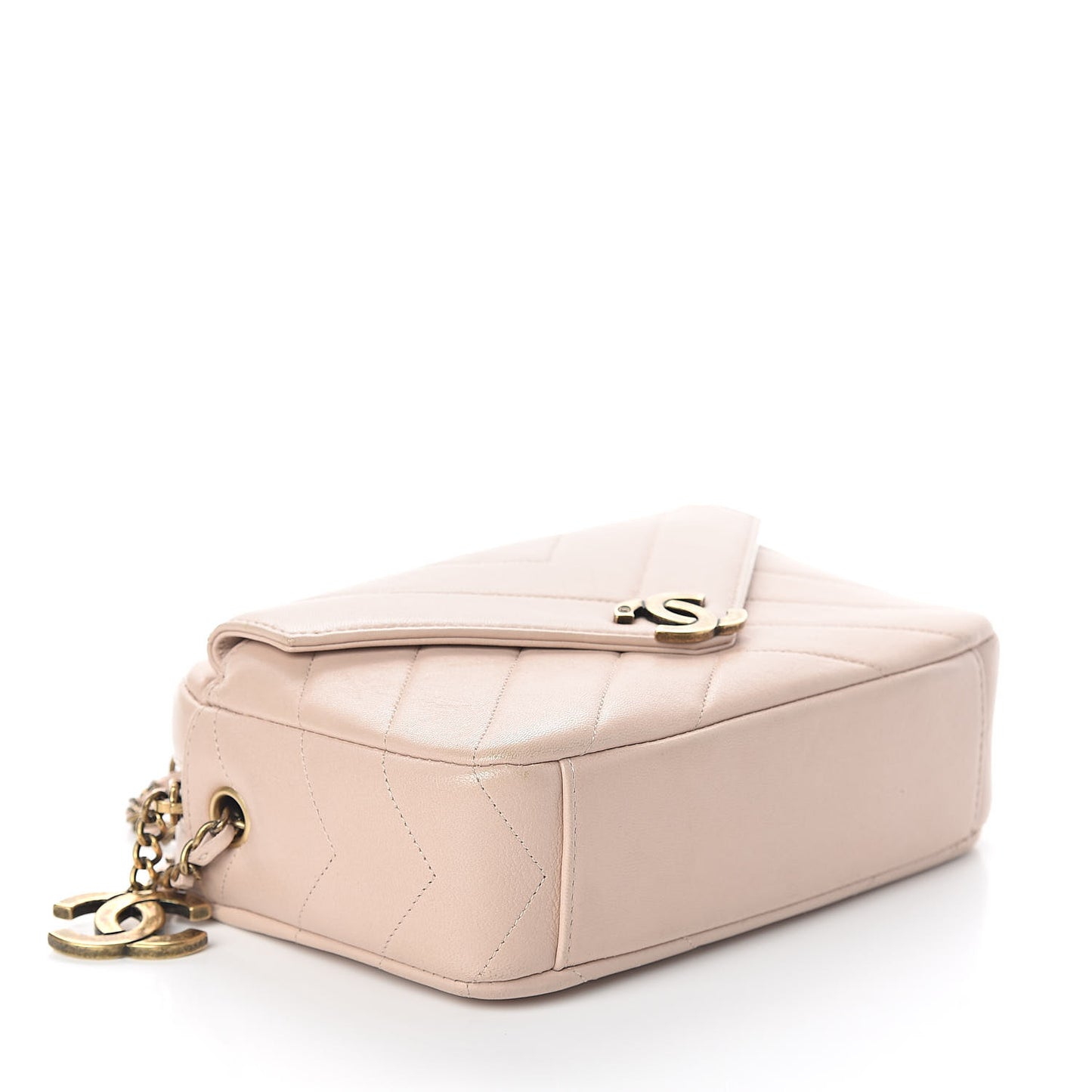 Shiny Lambskin Chevron Stitched Small Coco Camera Case Beige