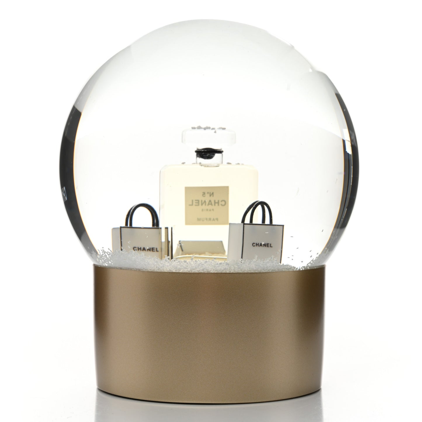 Glass N°5 Perfume Bottle Snow Globe Gold