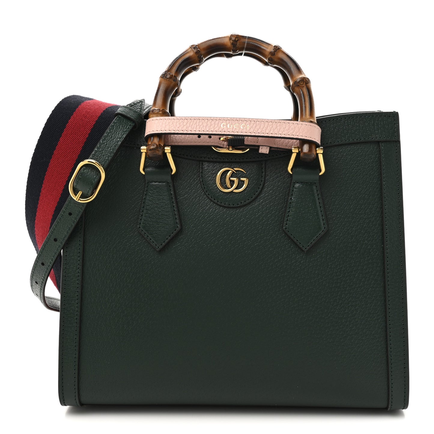 Textured Dollar Calfskin Web Small Diana Tote Bag Vintage Green Powder Pink