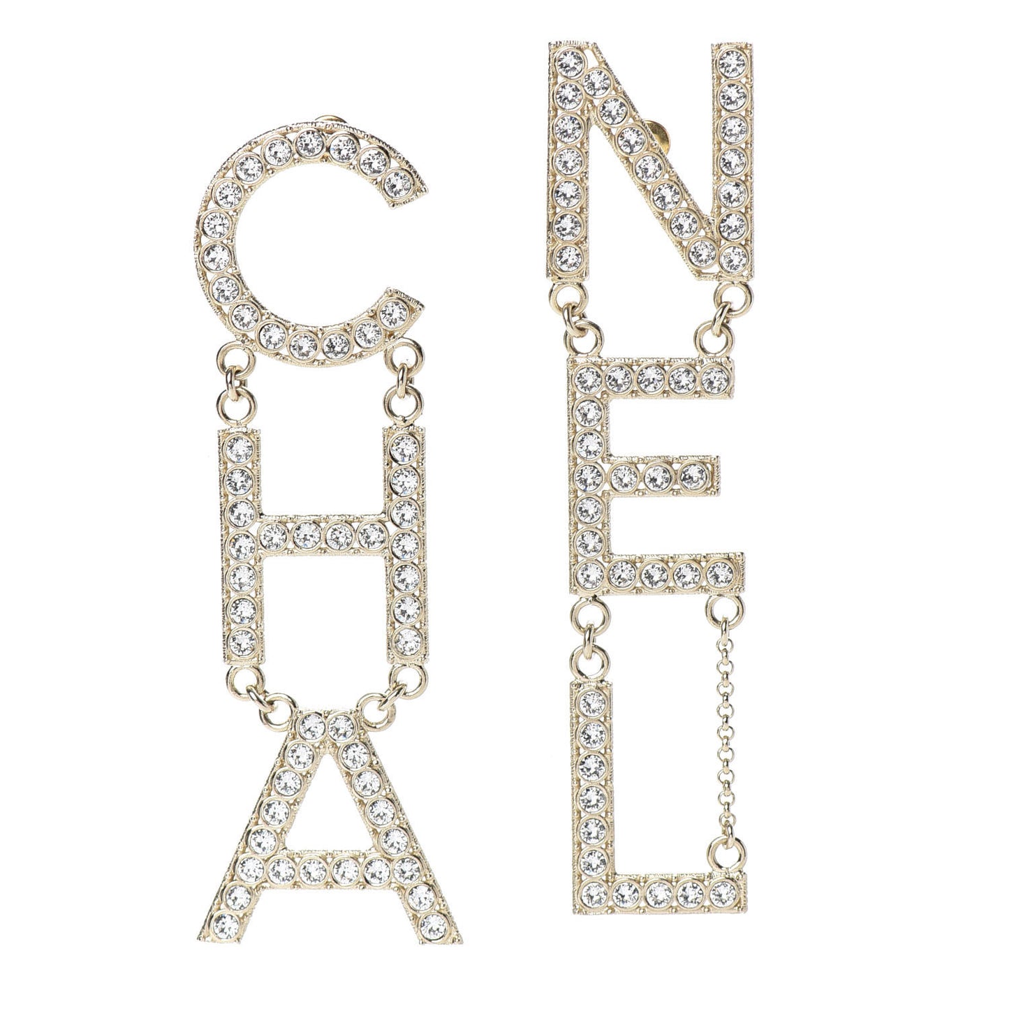 Crystal Cha-Nel Logo Drop Earrings Gold