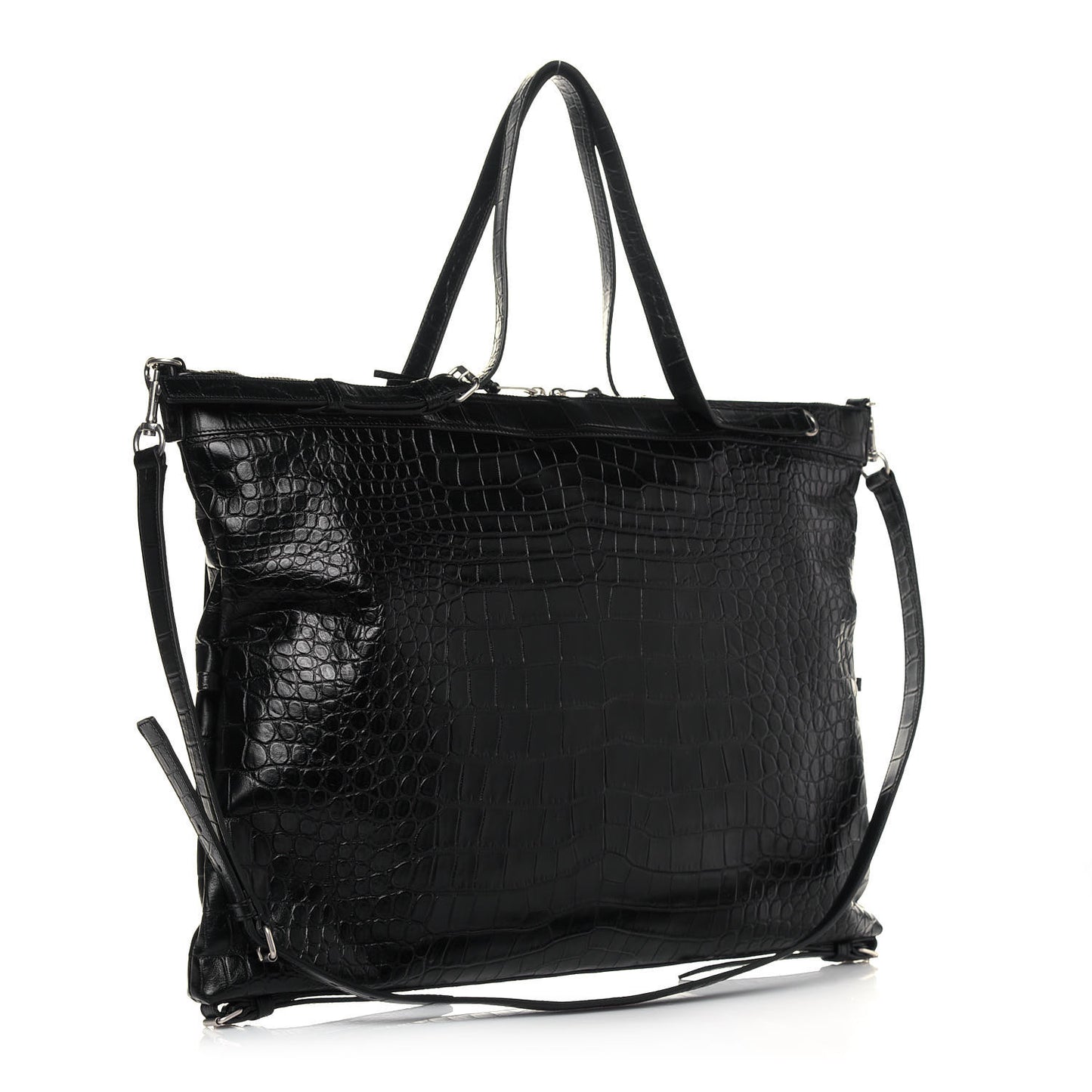 Calfskin Crocodile Embossed Large Convertible ID Bag Black