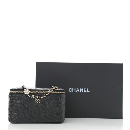 Chanel Lambskin Camellia Embossed Small Vanity Case With Chain Black 10 of 10