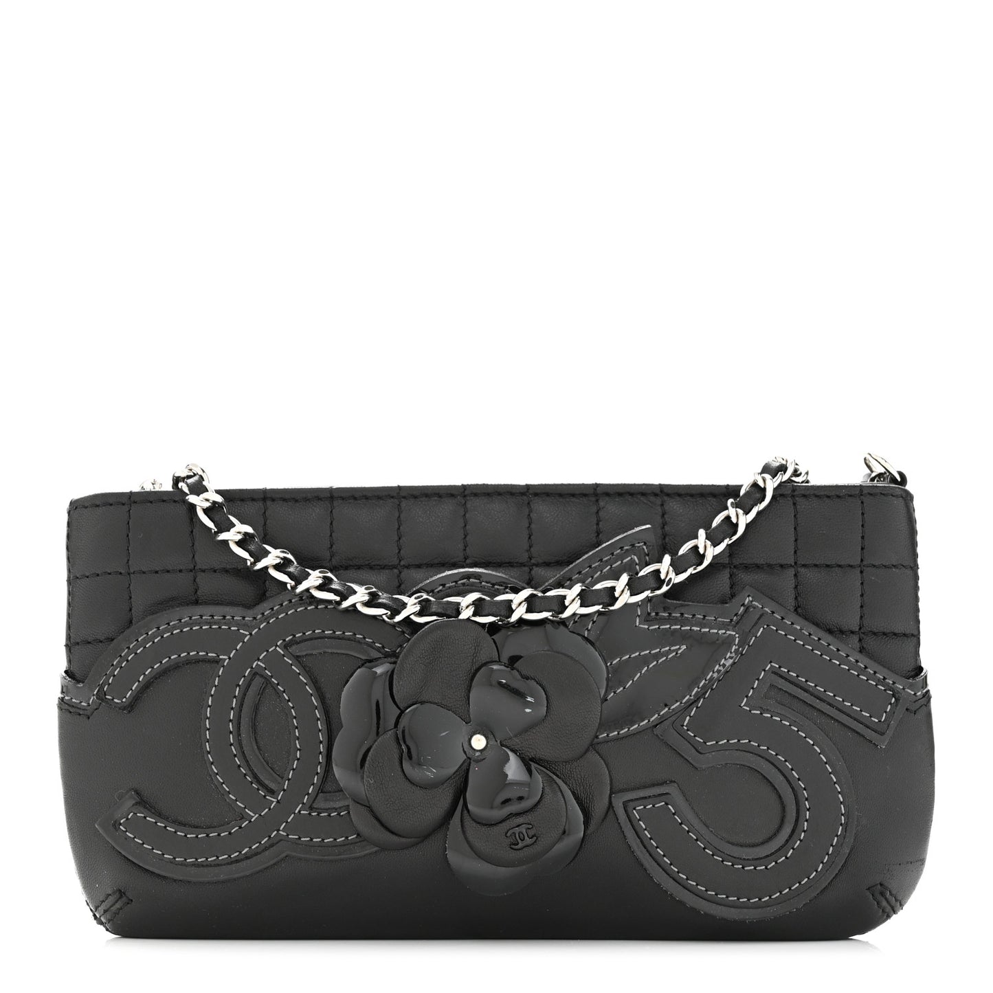 Lambskin Camellia No. 5 Chain Pouch Black