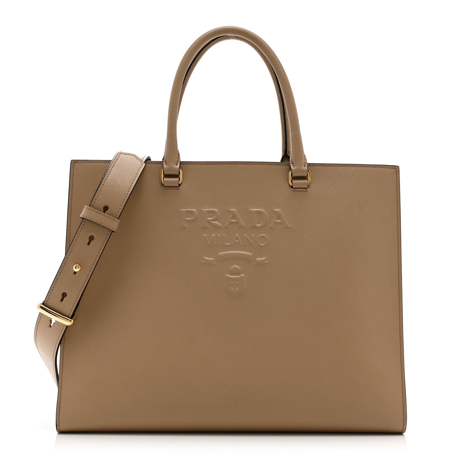 Prada Saffiano Lux Logo Embossed Large Shoulder Tote Handbag Beige 2 of 20