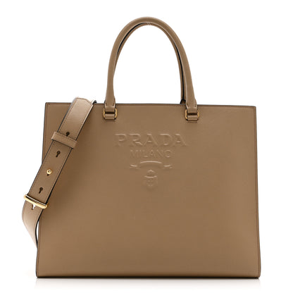 Prada Saffiano Lux Logo Embossed Large Shoulder Tote Handbag Beige 2 of 20