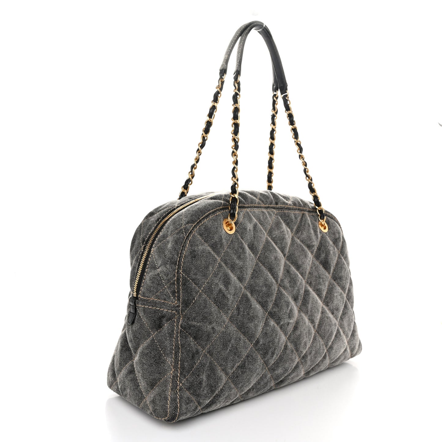 Washed Denim Quilted Bowling Bag Light Grey