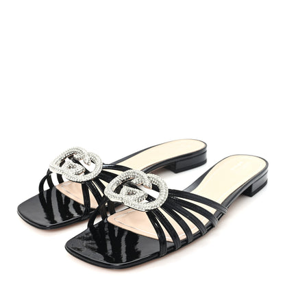 Gucci Vernice Crystal Womens Interlocking G Slide Sandals 40 Black 4 of 9