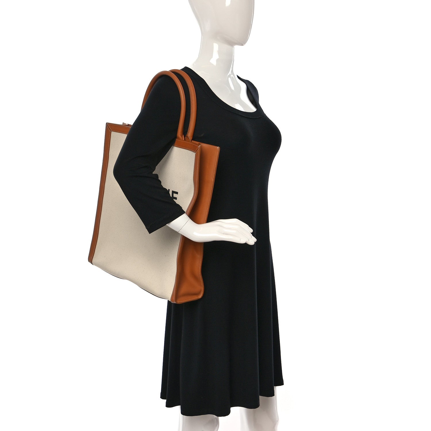 Celine Canvas Calfskin Logo Print Vertical Cabas Natural Tan 2 of 10