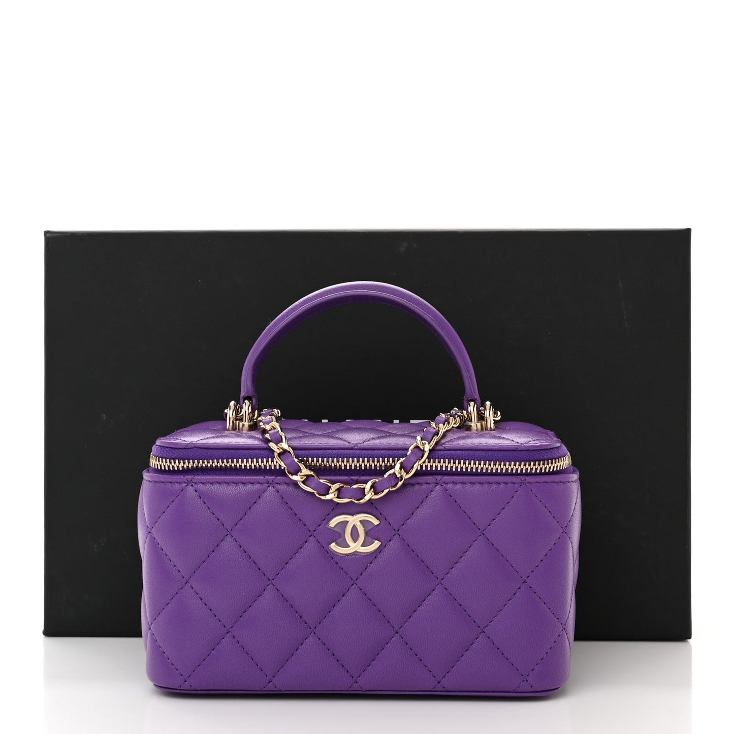Lambskin Quilted Small Top Handle Vanity Case With Chain Purple