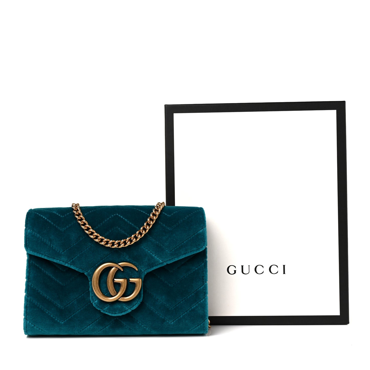 Velvet Matelasse GG Marmont Chain Wallet Pavone Cyan