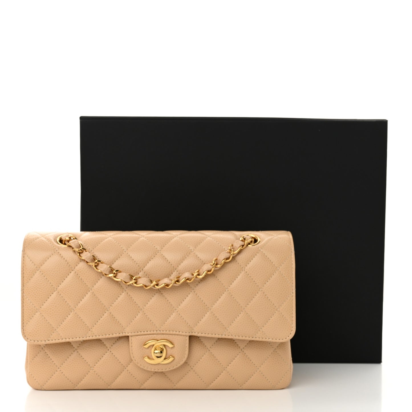 Caviar Quilted Medium Double Flap Beige Clair