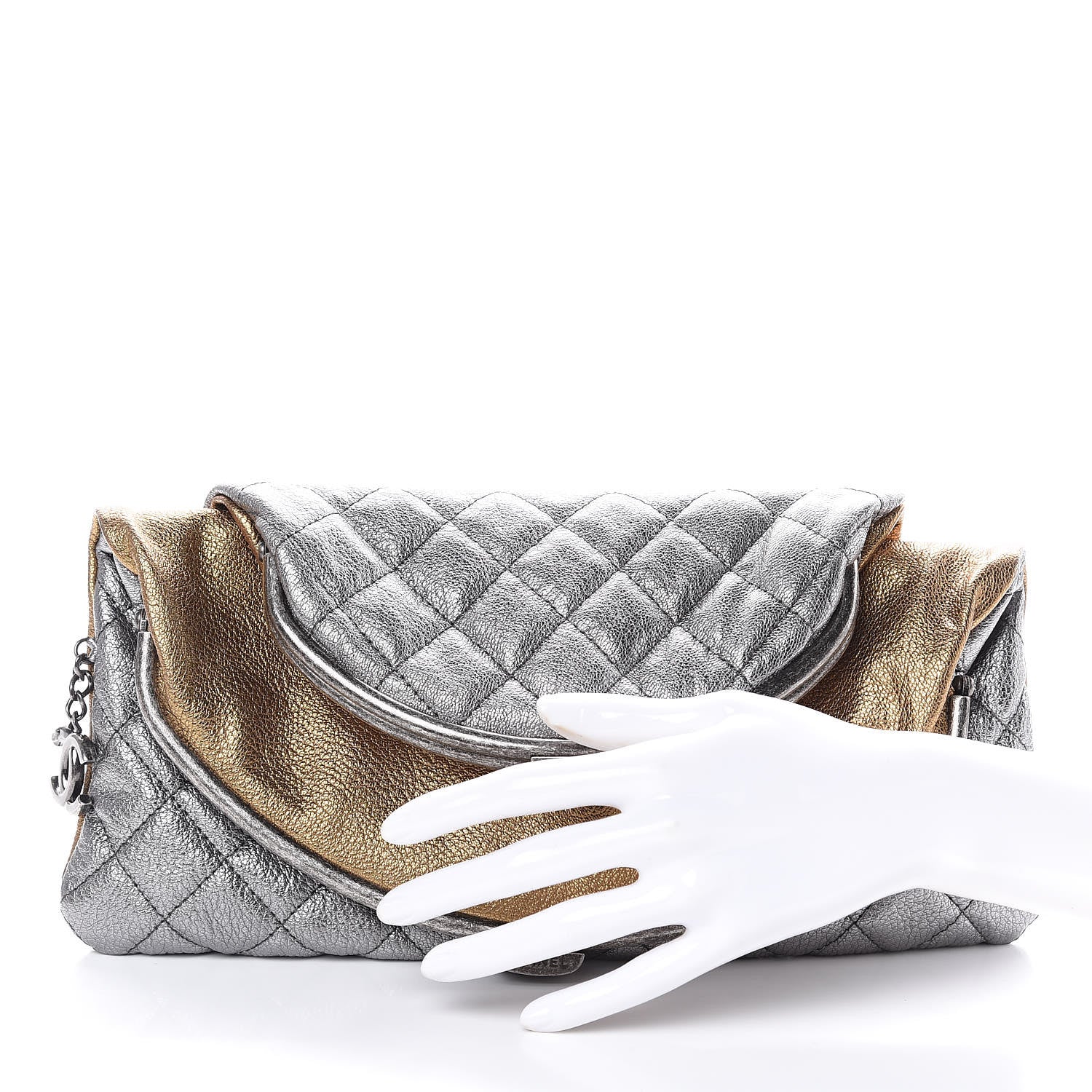 Chanel Metallic Goatskin Quilted Frame Clasp Flap Clutch Silver Gold 2 of 8