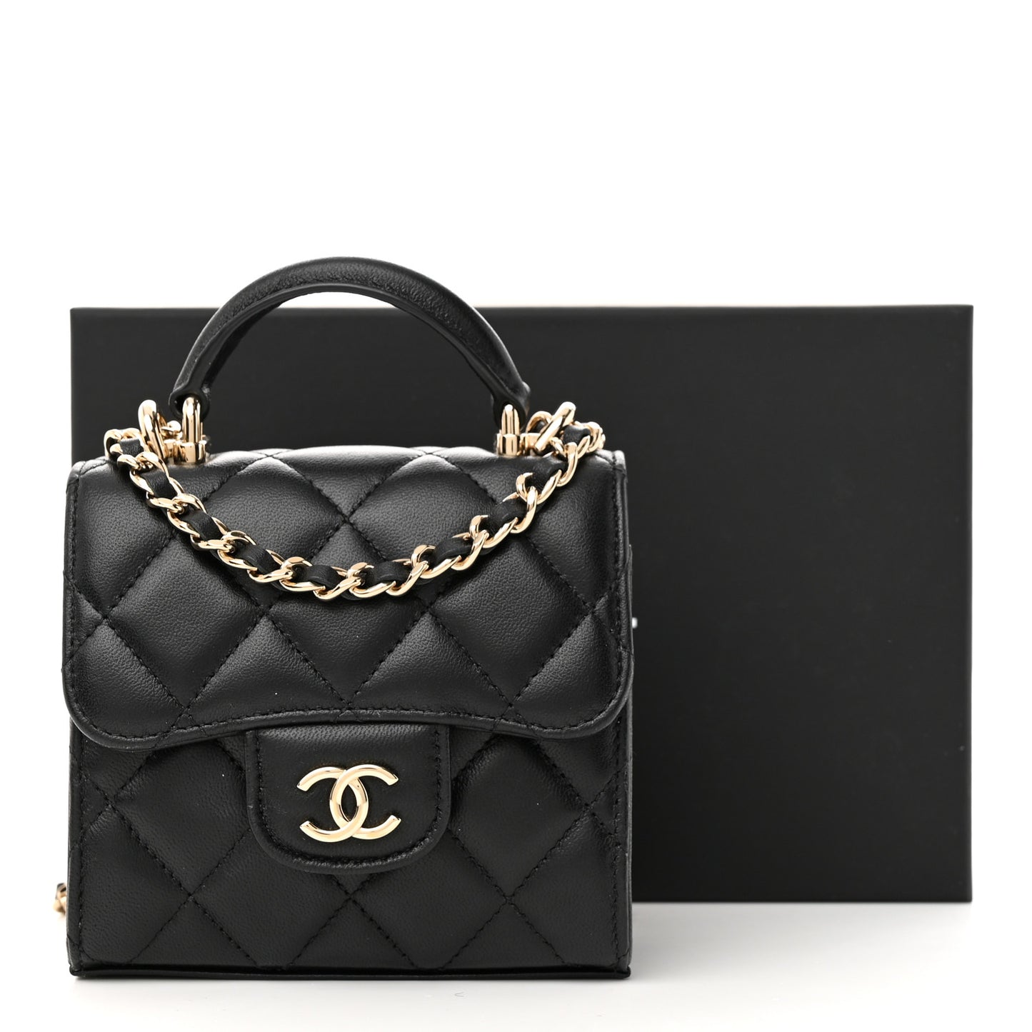Lambskin Quilted Top Handle Flap Clutch With Chain Black