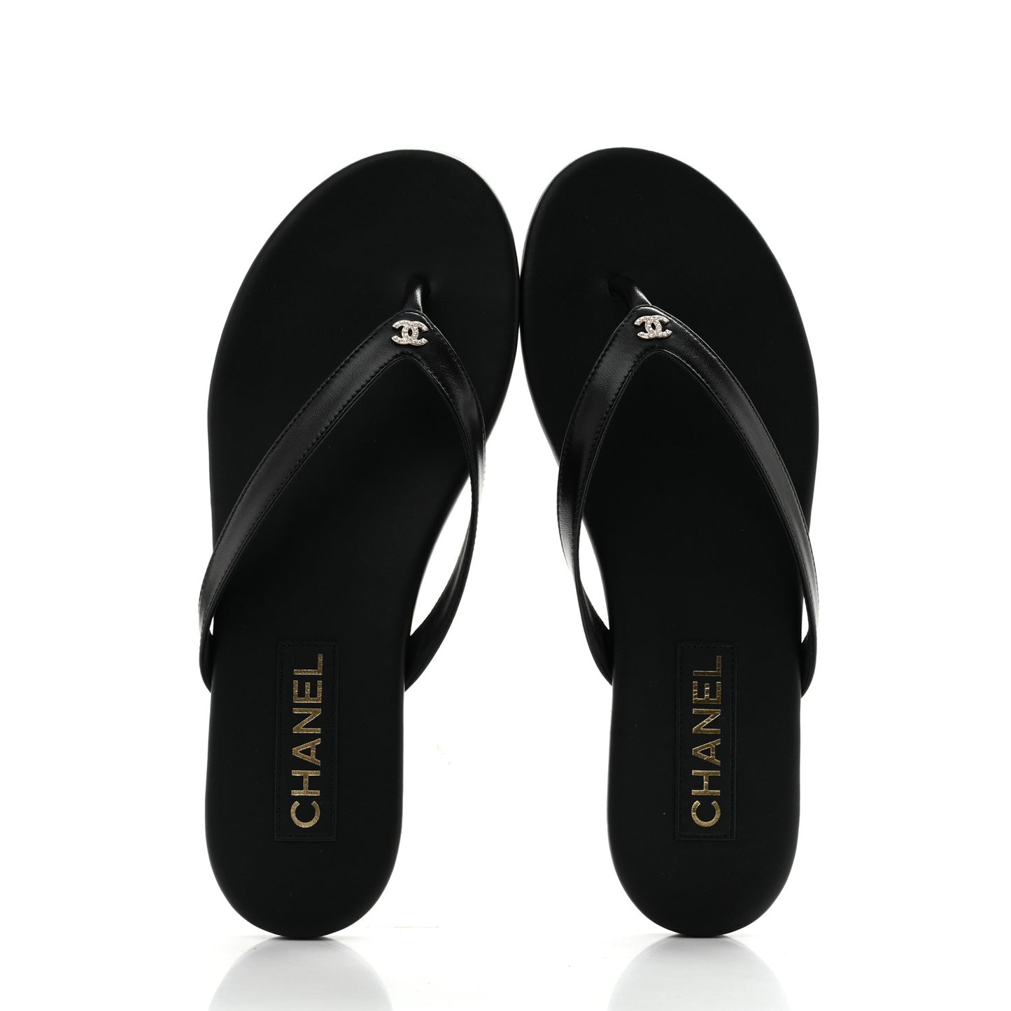 Shiny Lambskin Crystal CC Thong Sandals 40 Black