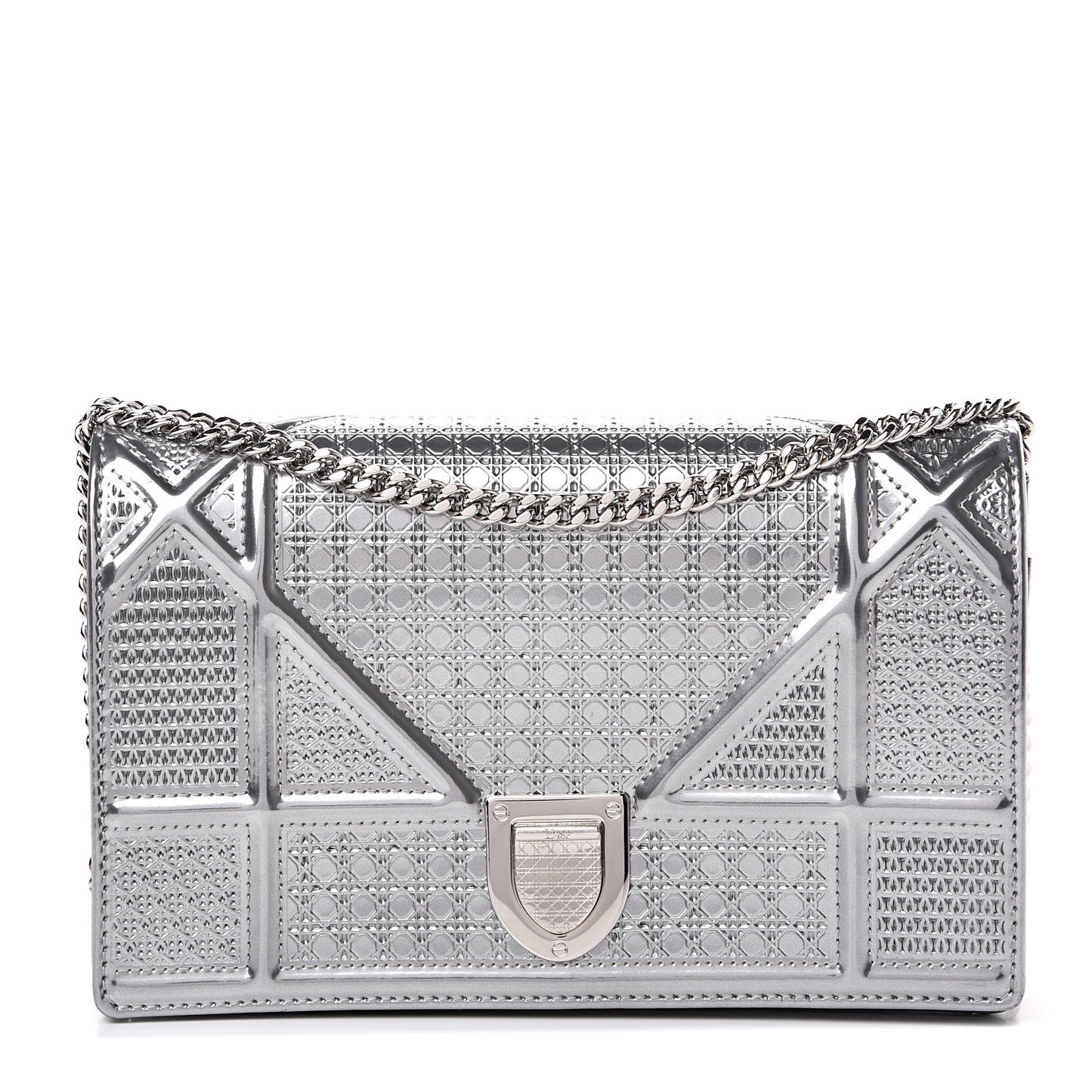 Metallic Patent Micro-Cannage Diorama Wallet on Chain Pouch Silver