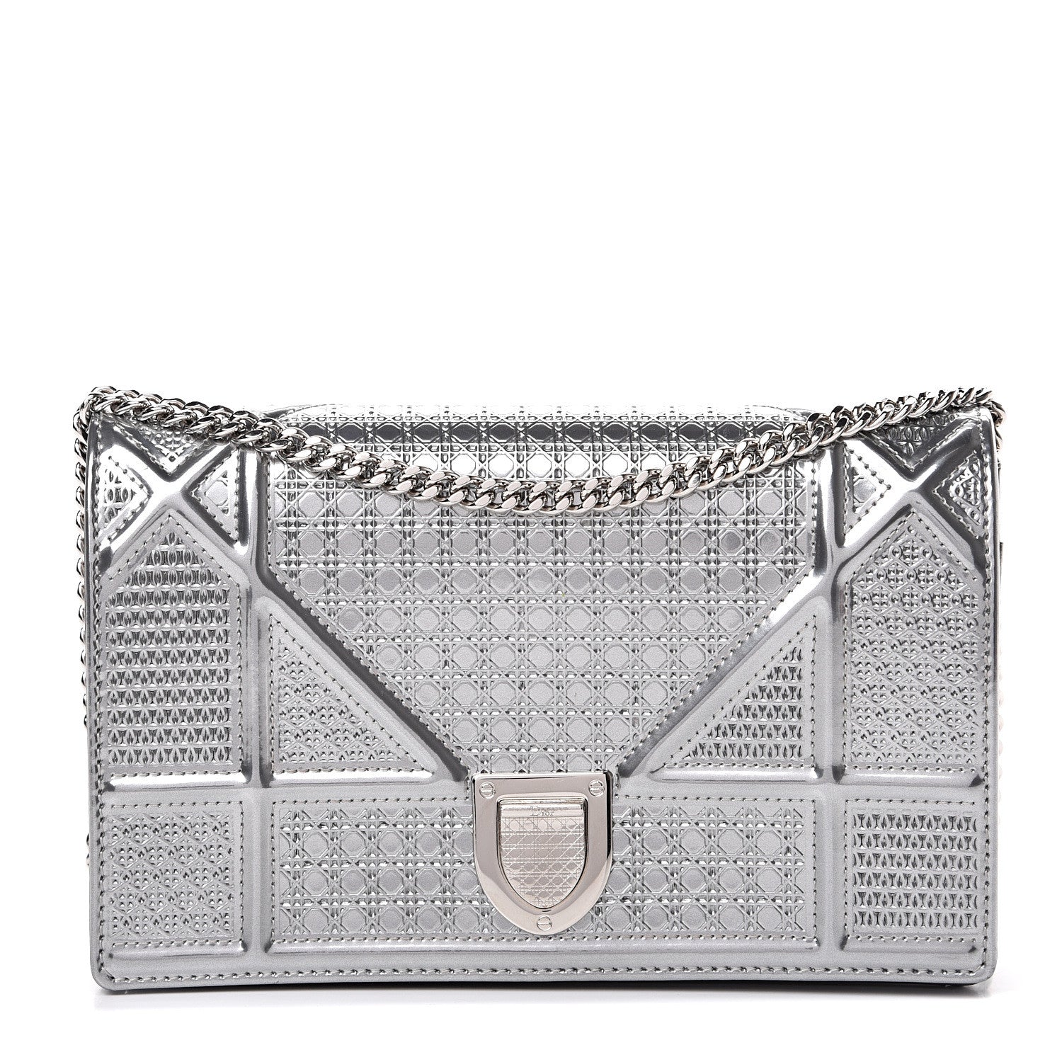Christian Dior Metallic Patent Micro-Cannage Diorama Wallet on Chain Pouch Silver 1 of 12