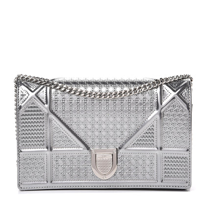 Christian Dior Metallic Patent Micro-Cannage Diorama Wallet on Chain Pouch Silver 1 of 12