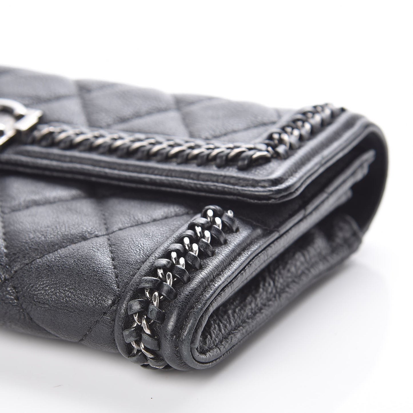 Calfskin Quilted Boy Chain Around Flap Wallet Black