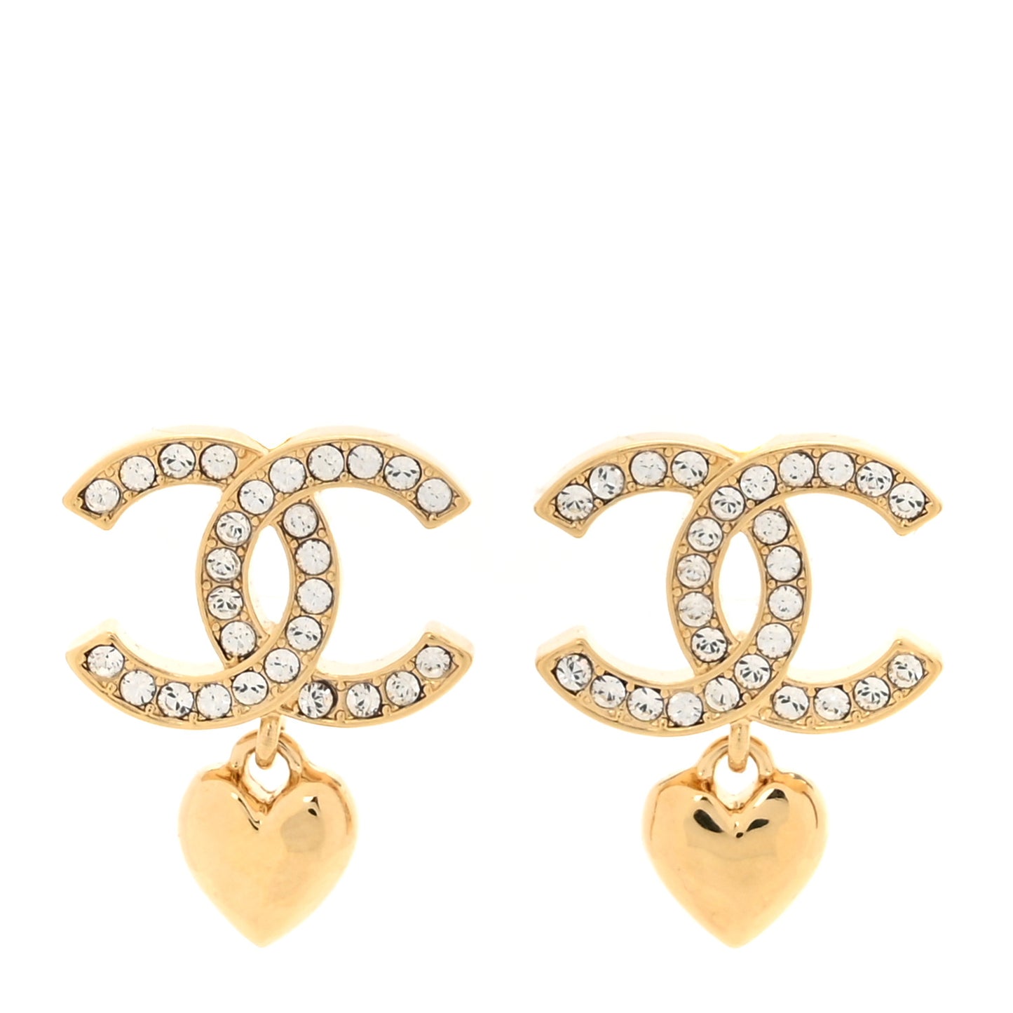Metal Crystal CC Heart Drop Earrings Gold
