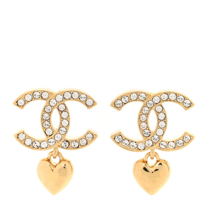 Chanel Metal Crystal CC Heart Drop Earrings Gold 1 of 5