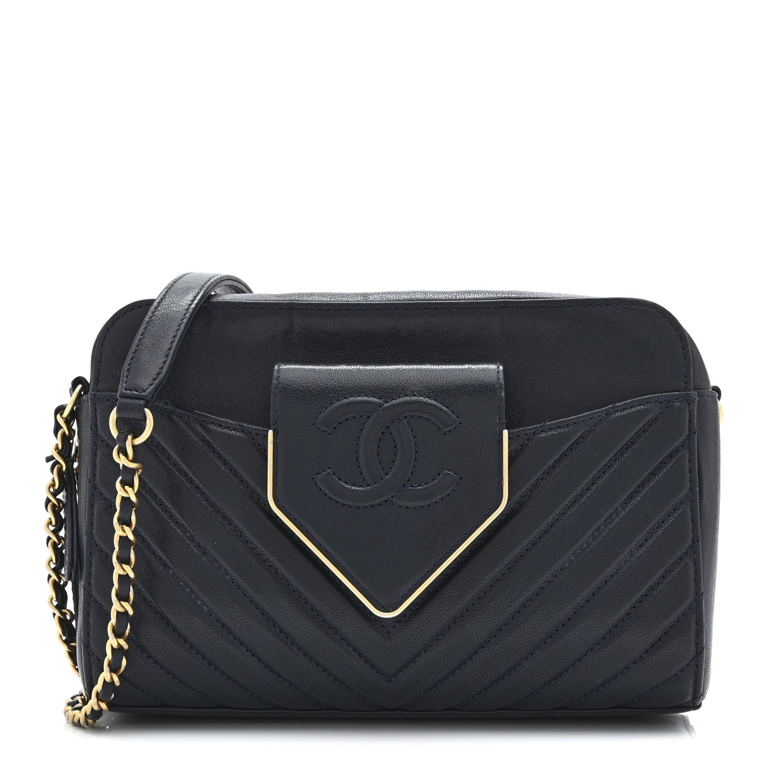 Chanel Shiny Sheepskin Chevron Quilted  Collar and Tie Camera Case Navy 1 of 10