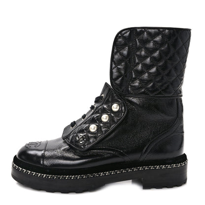 Chanel Crackled Calfskin Velvet Pearl Combat Ankle Boots 36.5 Black 1 of 8
