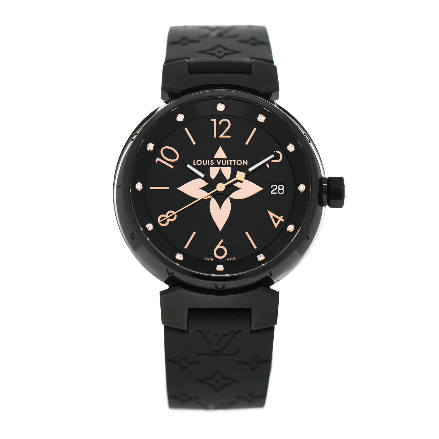 Louis Vuitton Stainless Steel Rubber Diamond 34mm Tambour Quartz Watch Black 1 of 5