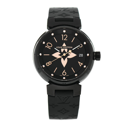 Louis Vuitton Stainless Steel Rubber Diamond 34mm Tambour Quartz Watch Black 1 of 5