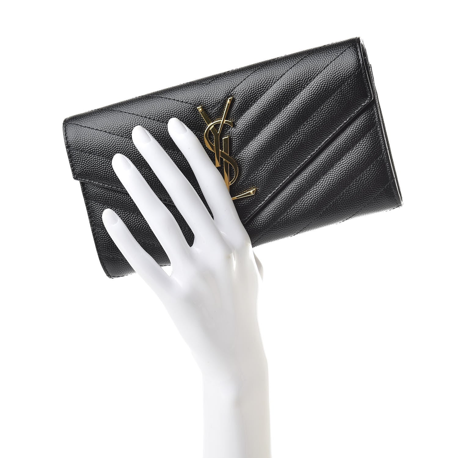 Saint Laurent Grain De Poudre Matelasse Chevron Monogram Flap Wallet Black 2 of 8