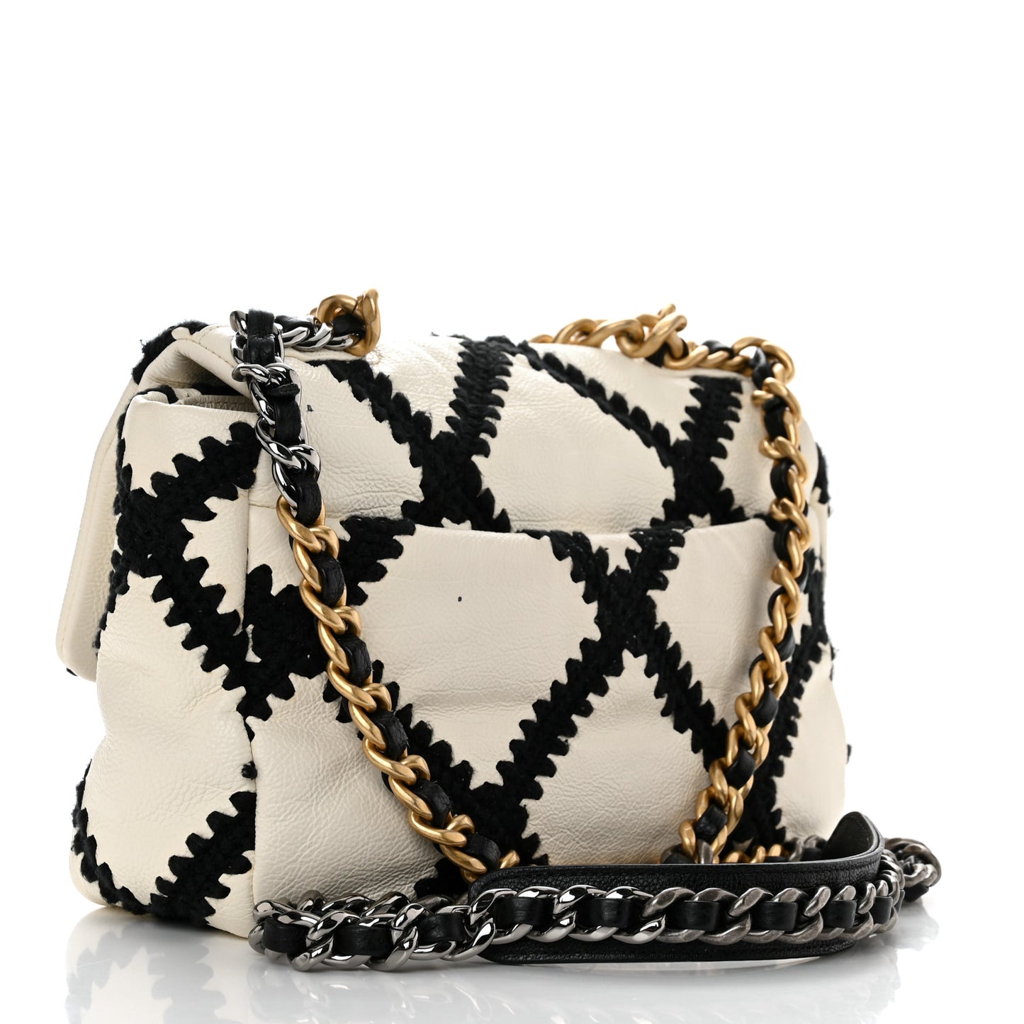 Calfskin Crochet Medium Chanel 19 Flap White Black
