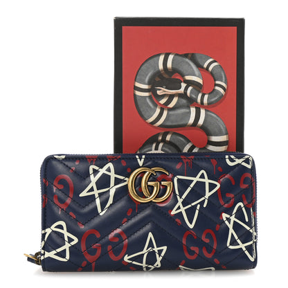 Gucci Calfskin Matelasse GucciGhost GG Marmont Zip Around Wallet Blue Agata Hibiscus Red 15 of 16