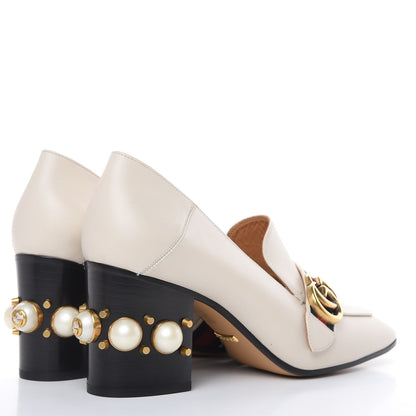 Gucci Betis Glamour Calfskin Web Pearl Embellished Peyton 75mm Loafer Pumps 39 Mystic White 4 of 10