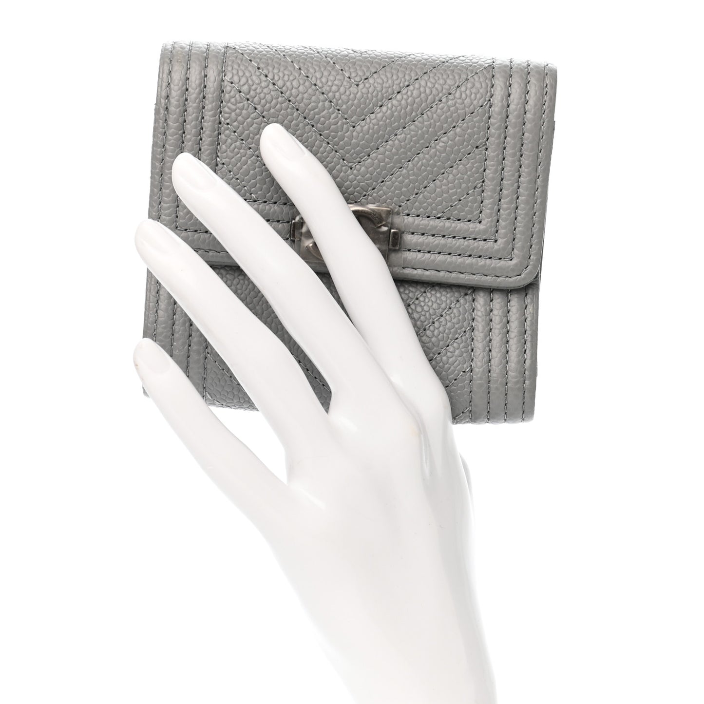 Caviar Chevron Quilted Boy Compact Wallet Grey